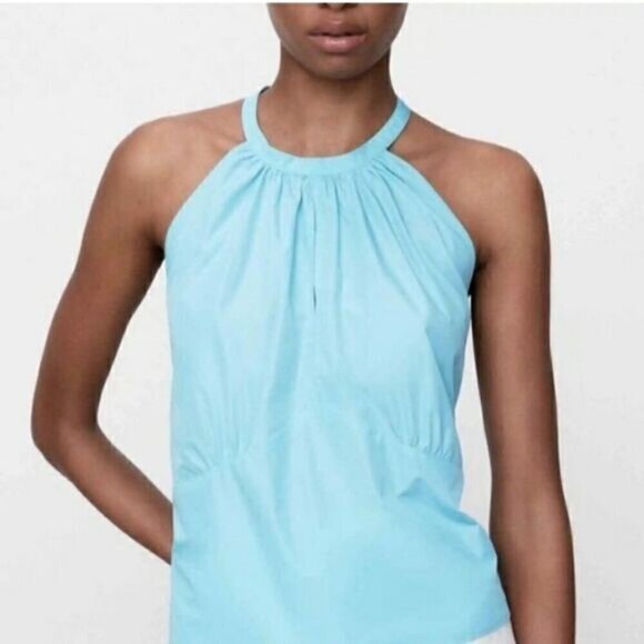 Zara Halter Top Powder Blue Tie-Back Bow Panel Fitted Sleeveless Keyhole Blouse - Picture 1 of 13